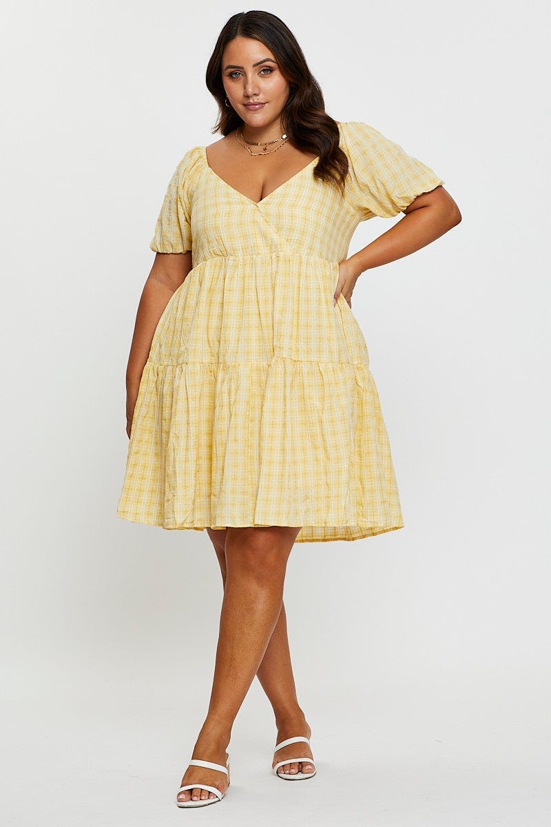 Plus Size Yellow Smock Dress V-Neck Short Sleeve Tie |You + All | Shop Online