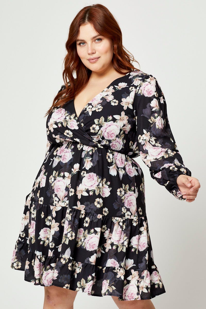 Floral Prt Plus Long Sleeve Floral Skater Dress For Women By You And All