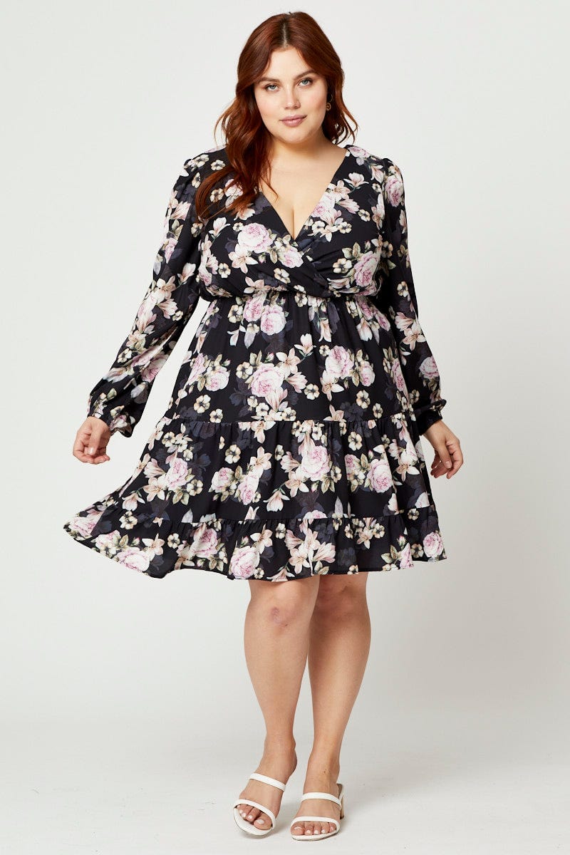 Floral Prt Plus Long Sleeve Floral Skater Dress For Women By You And All