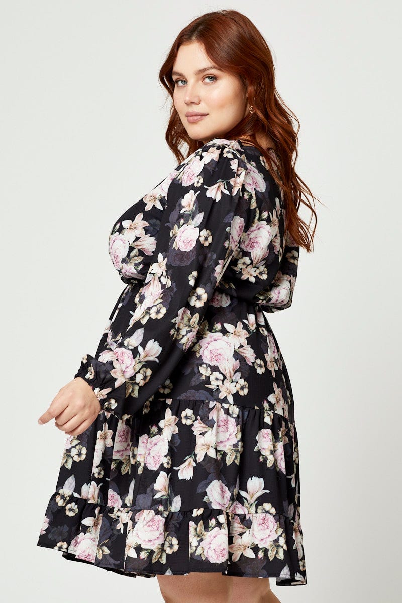 Floral Prt Plus Long Sleeve Floral Skater Dress For Women By You And All