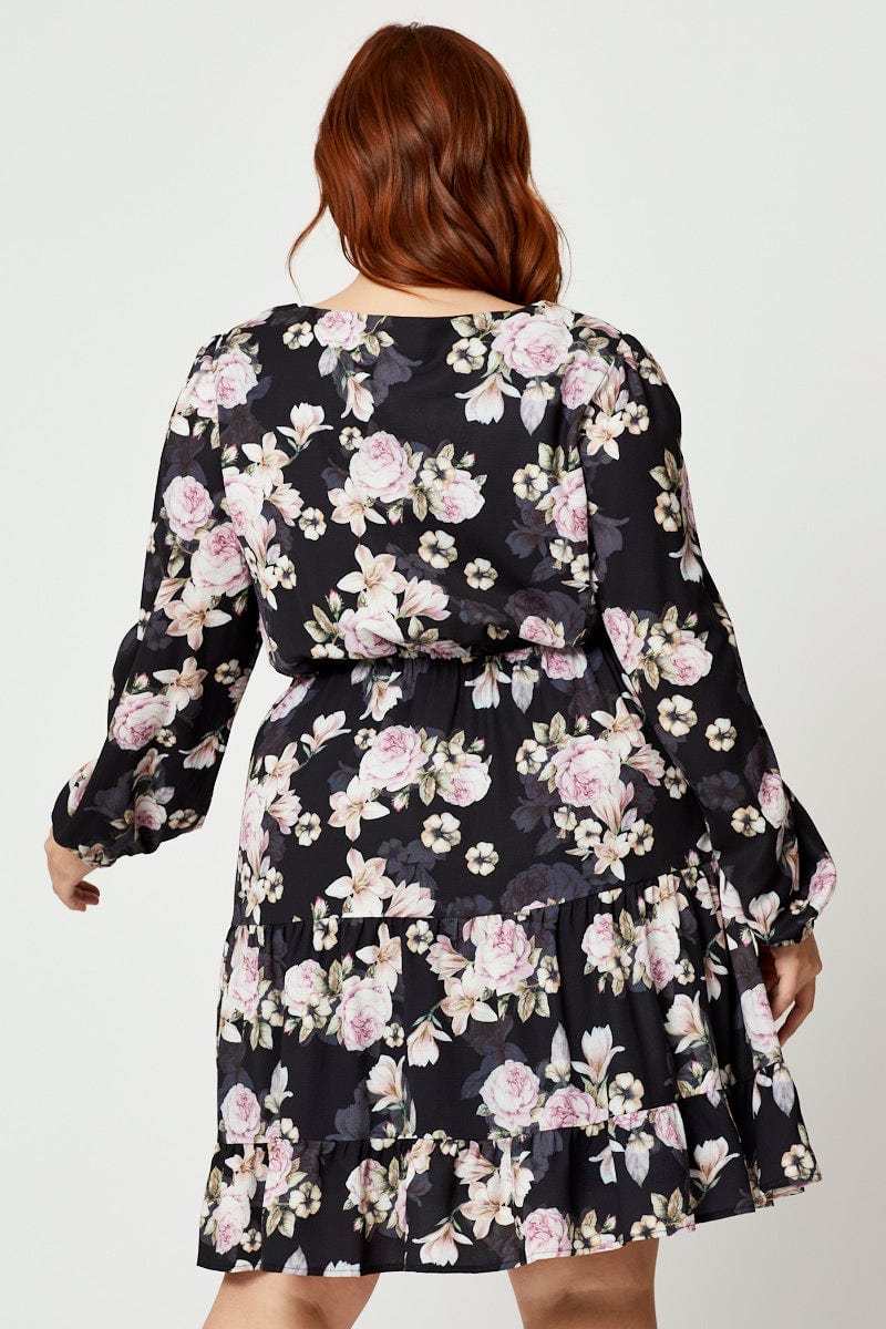 Floral Prt Plus Long Sleeve Floral Skater Dress For Women By You And All