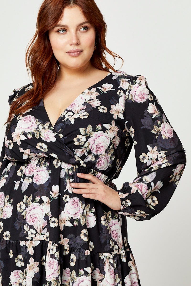 Floral Prt Plus Long Sleeve Floral Skater Dress For Women By You And All