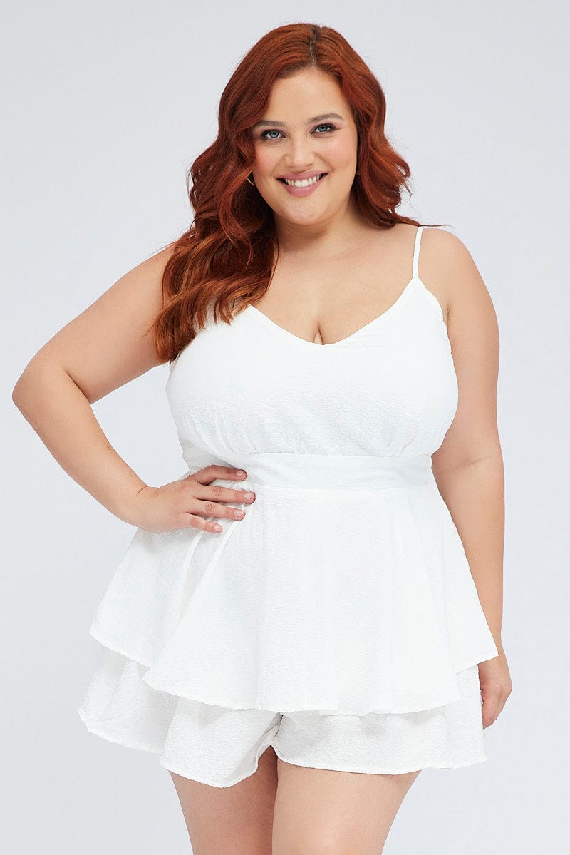 White V Neck Sleeveless Textured Frill Playsuit for YouandAll Fashion