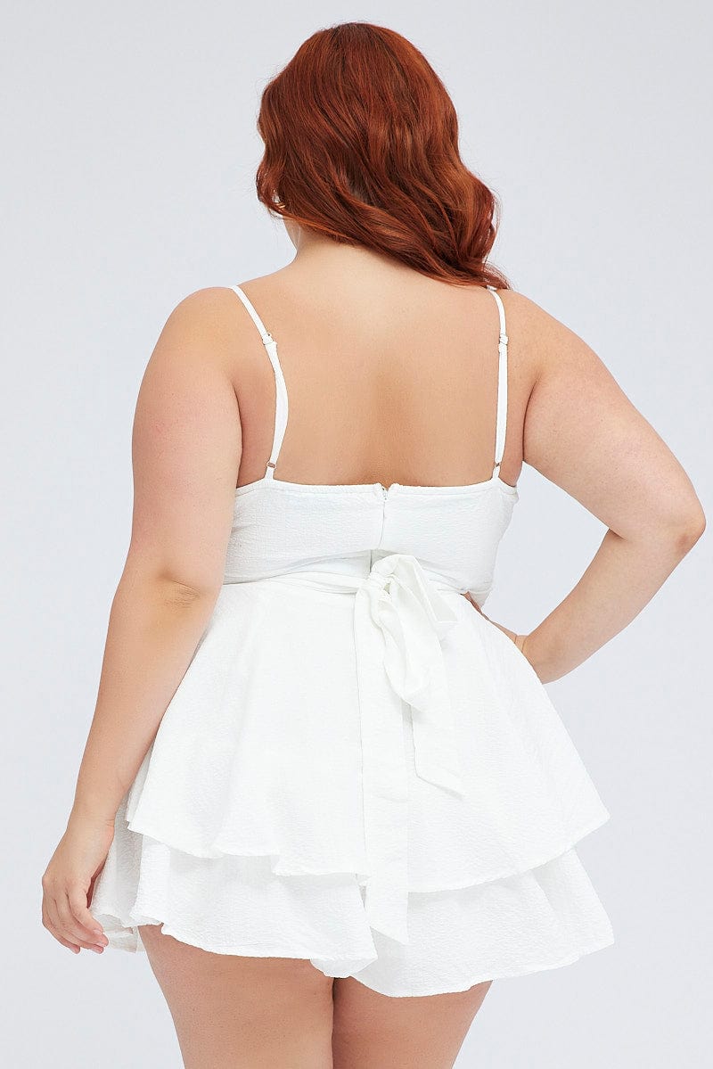 White V Neck Sleeveless Textured Frill Playsuit for YouandAll Fashion