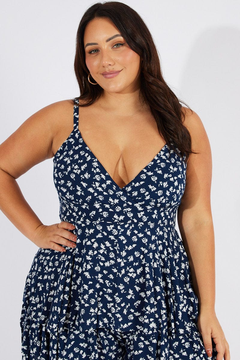 Blue Ditsy Strappy Short Playsuit Tie Front for YouandAll Fashion