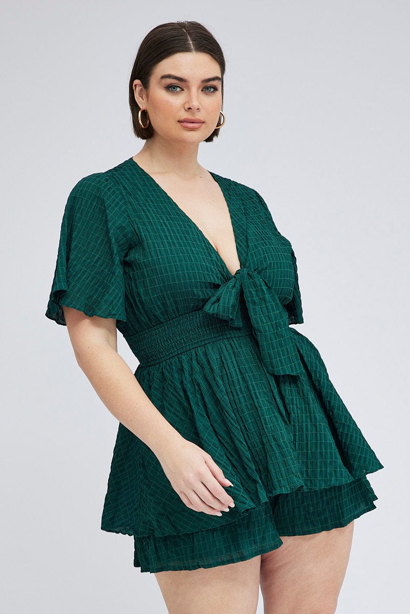 Green Tie Front Playsuit Short Sleeve for YouandAll Fashion