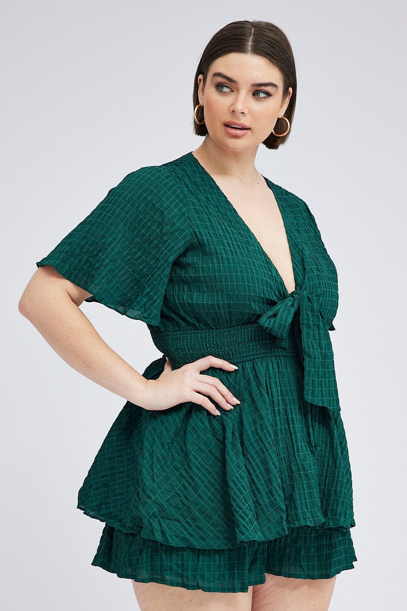 Green Tie Front Playsuit Short Sleeve for YouandAll Fashion