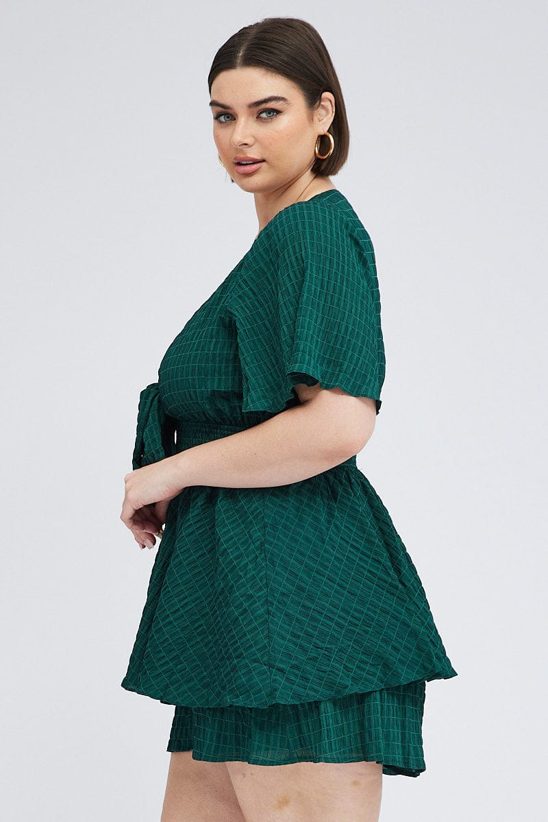 Green Tie Front Playsuit Short Sleeve for YouandAll Fashion