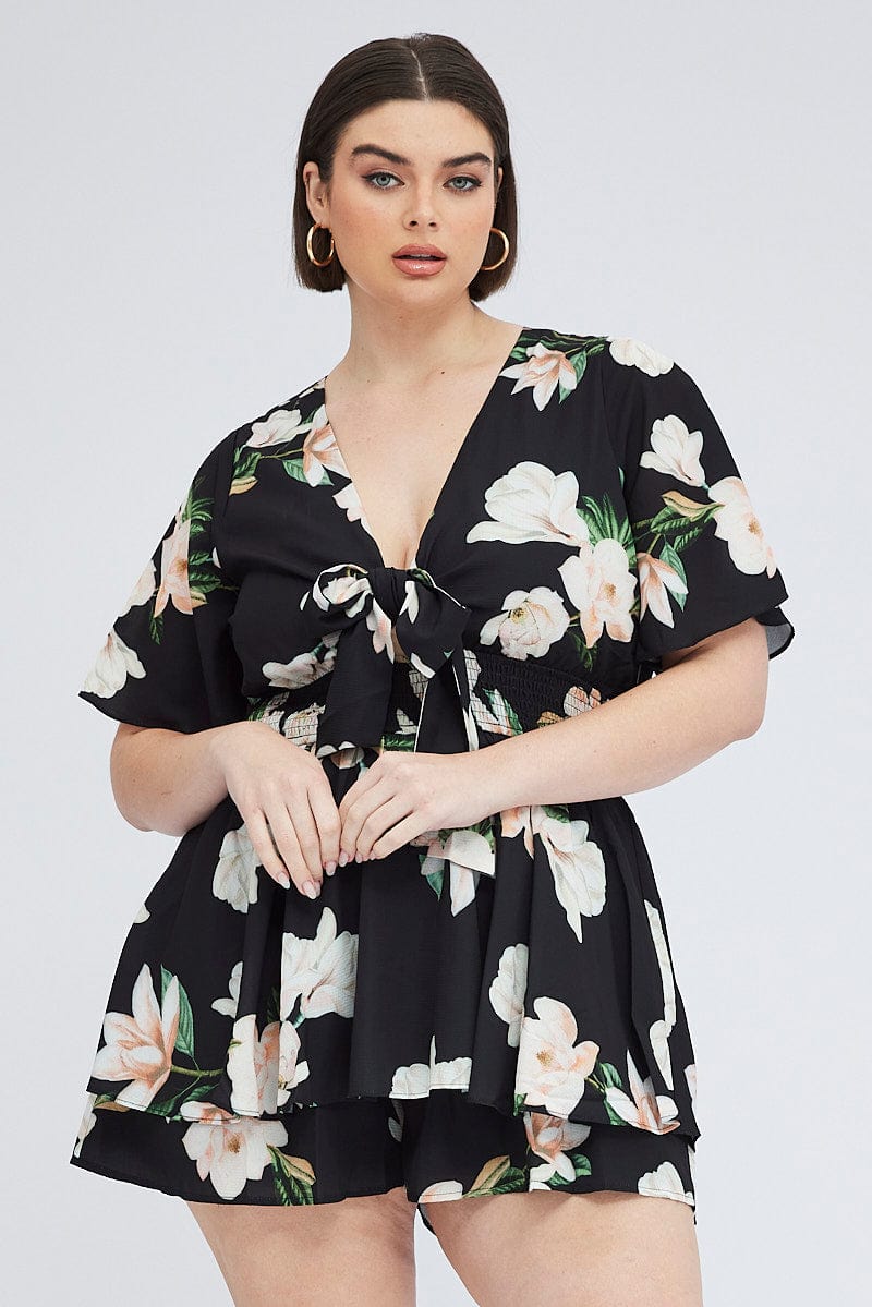 Black Floral Tie Front Playsuit Short Sleeve for YouandAll Fashion