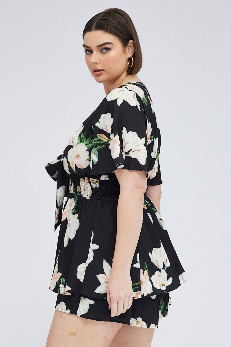 Black Floral Tie Front Playsuit Short Sleeve for YouandAll Fashion