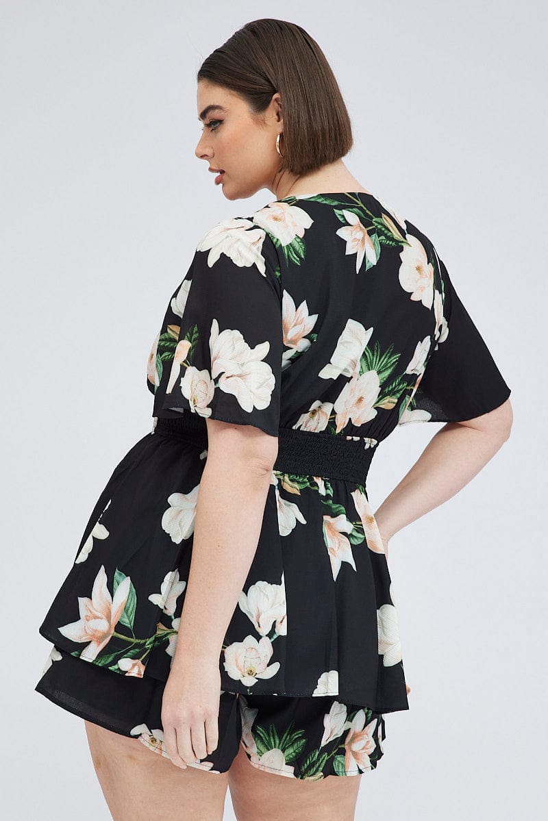 Black Floral Tie Front Playsuit Short Sleeve for YouandAll Fashion