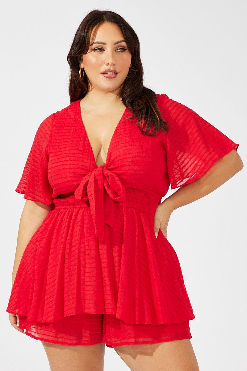 Red Tie Front Playsuit Short Sleeve for YouandAll Fashion