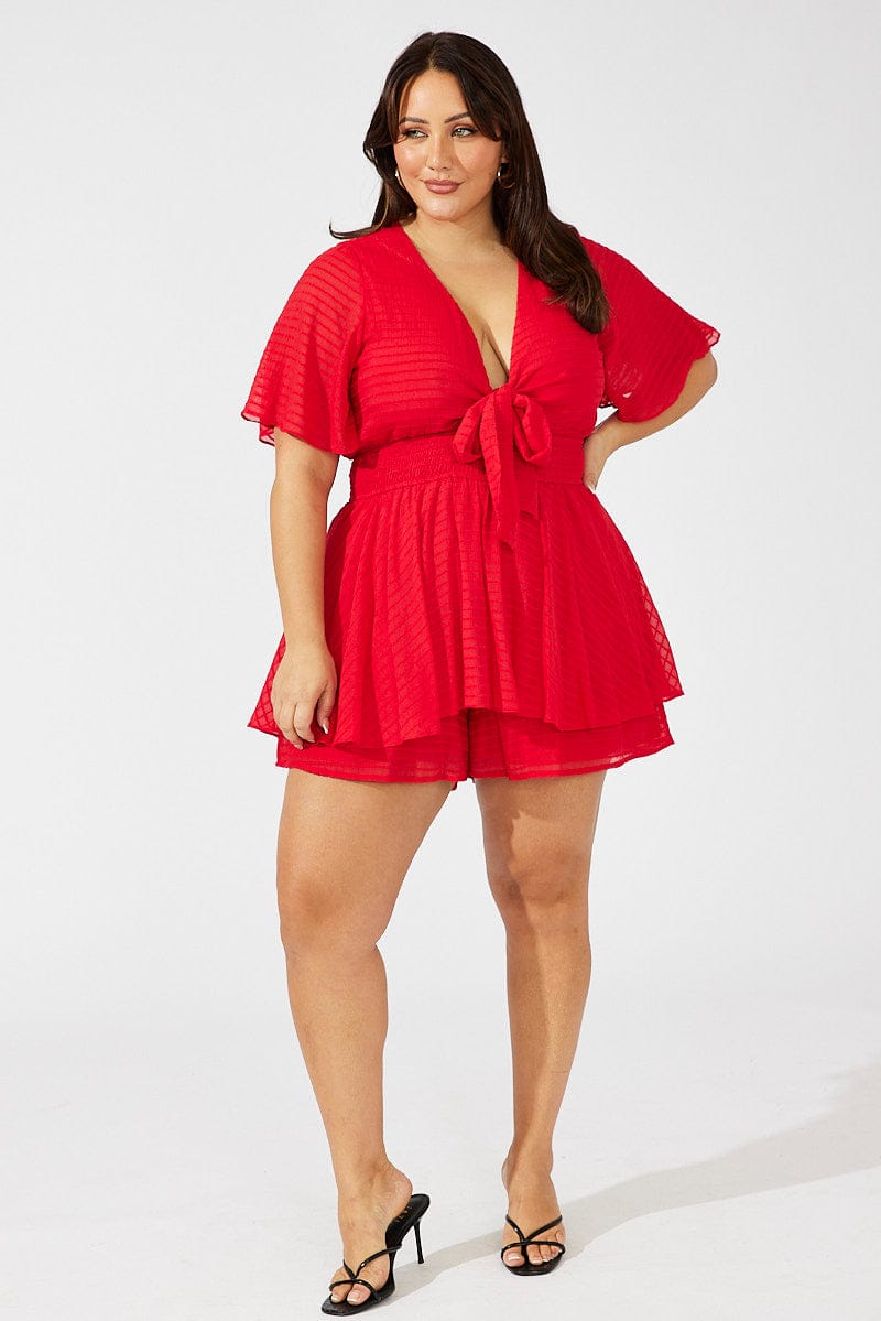 Red Tie Front Playsuit Short Sleeve for YouandAll Fashion