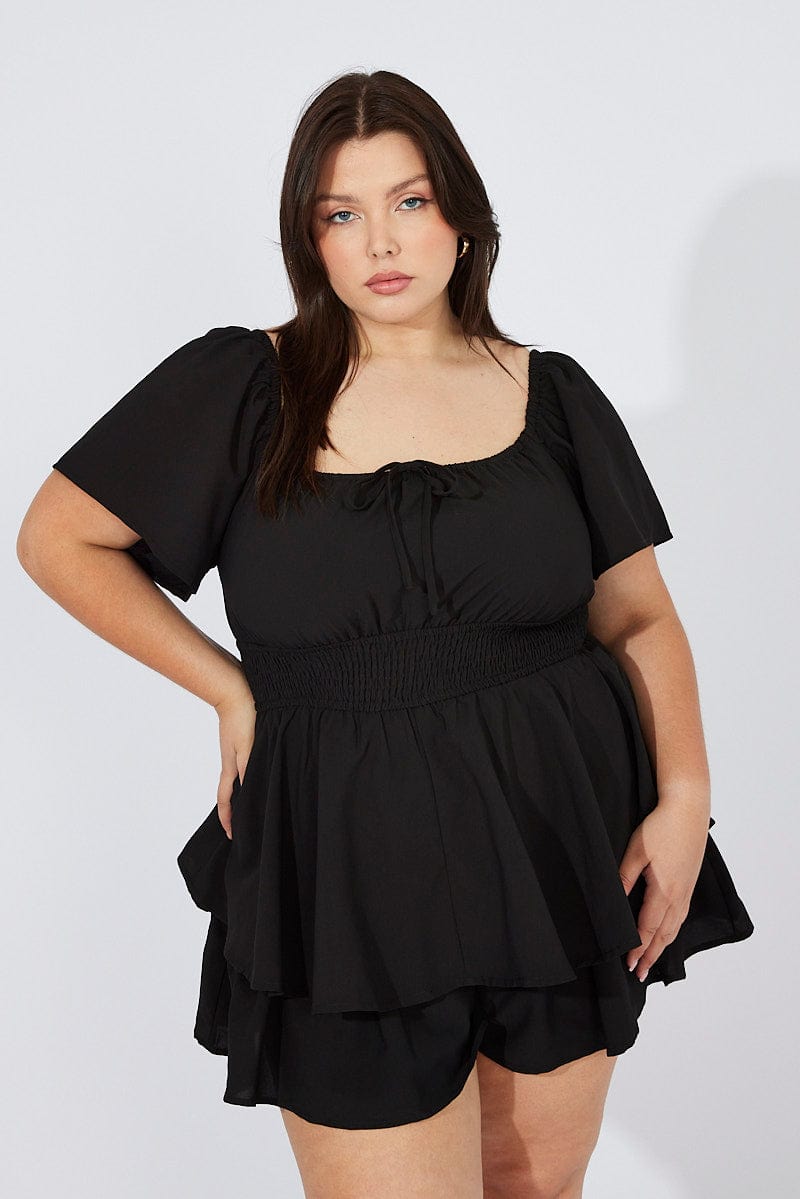 Black Ruffle Playsuit Short Sleeve Ruched Bust for YouandAll Fashion