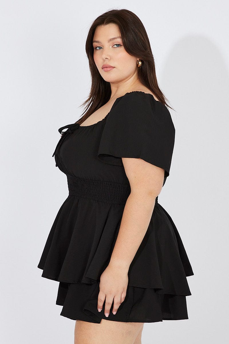 Black Ruffle Playsuit Short Sleeve Ruched Bust for YouandAll Fashion