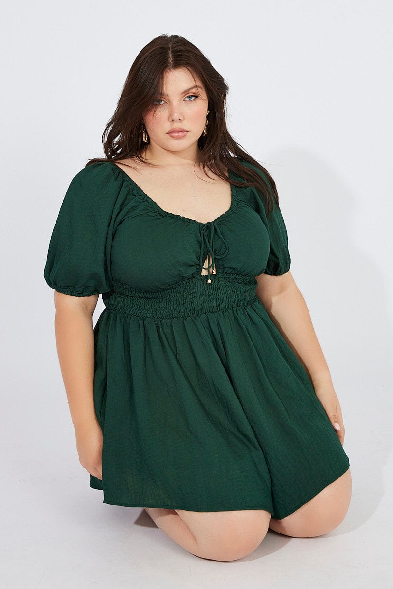 Green Ruffle Playsuit Short Sleeve Cut Out Self Check for YouandAll Fashion