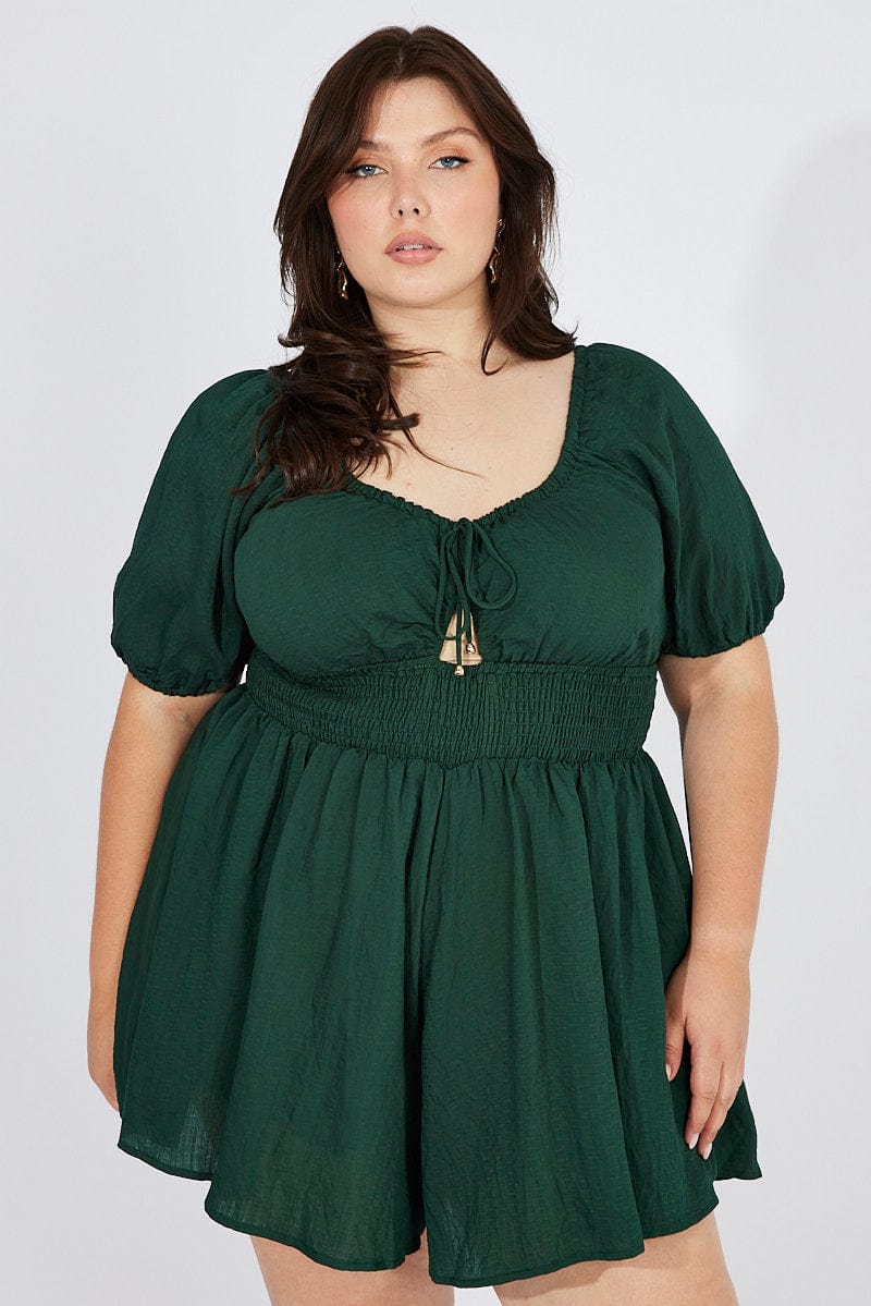 Green Ruffle Playsuit Short Sleeve Cut Out Self Check for YouandAll Fashion