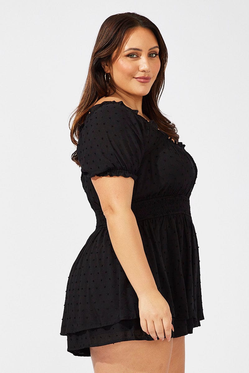 Black Playsuit Frill Neck Shirred Waist Off Shoulder for YouandAll Fashion