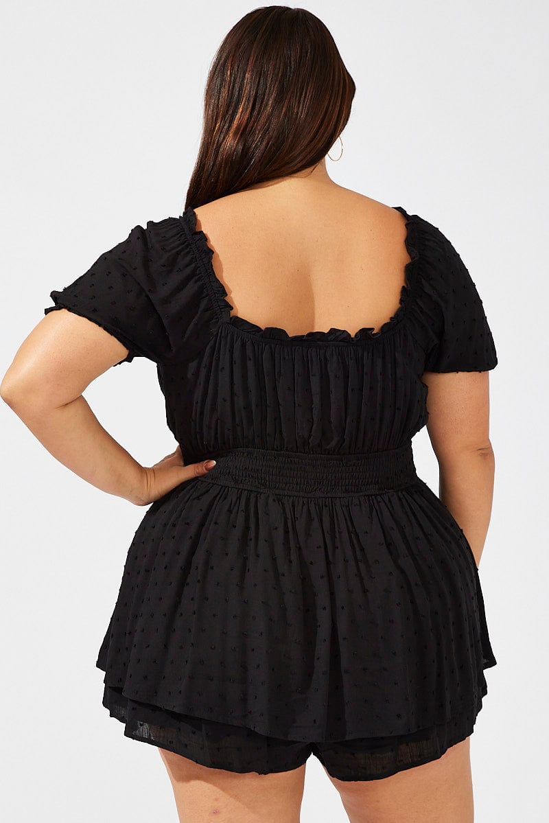 Black Playsuit Frill Neck Shirred Waist Off Shoulder for YouandAll Fashion