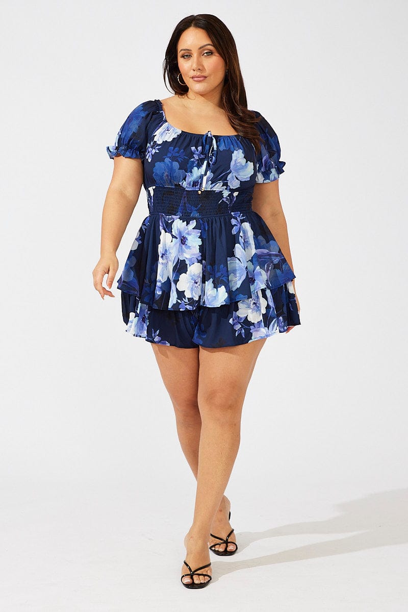 Blue Floral Floral Playsuit Short Sleeve for YouandAll Fashion