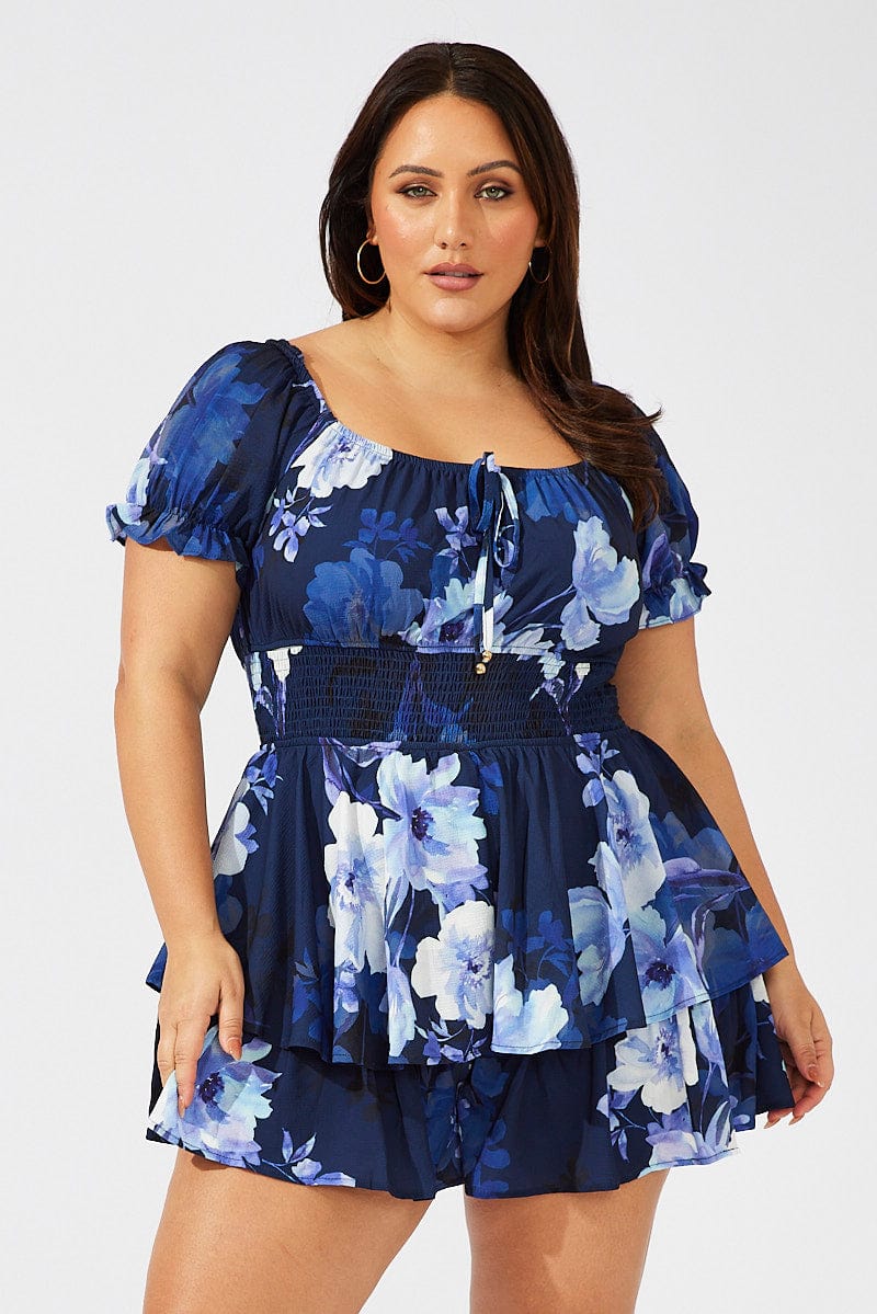 Blue Floral Floral Playsuit Short Sleeve You All