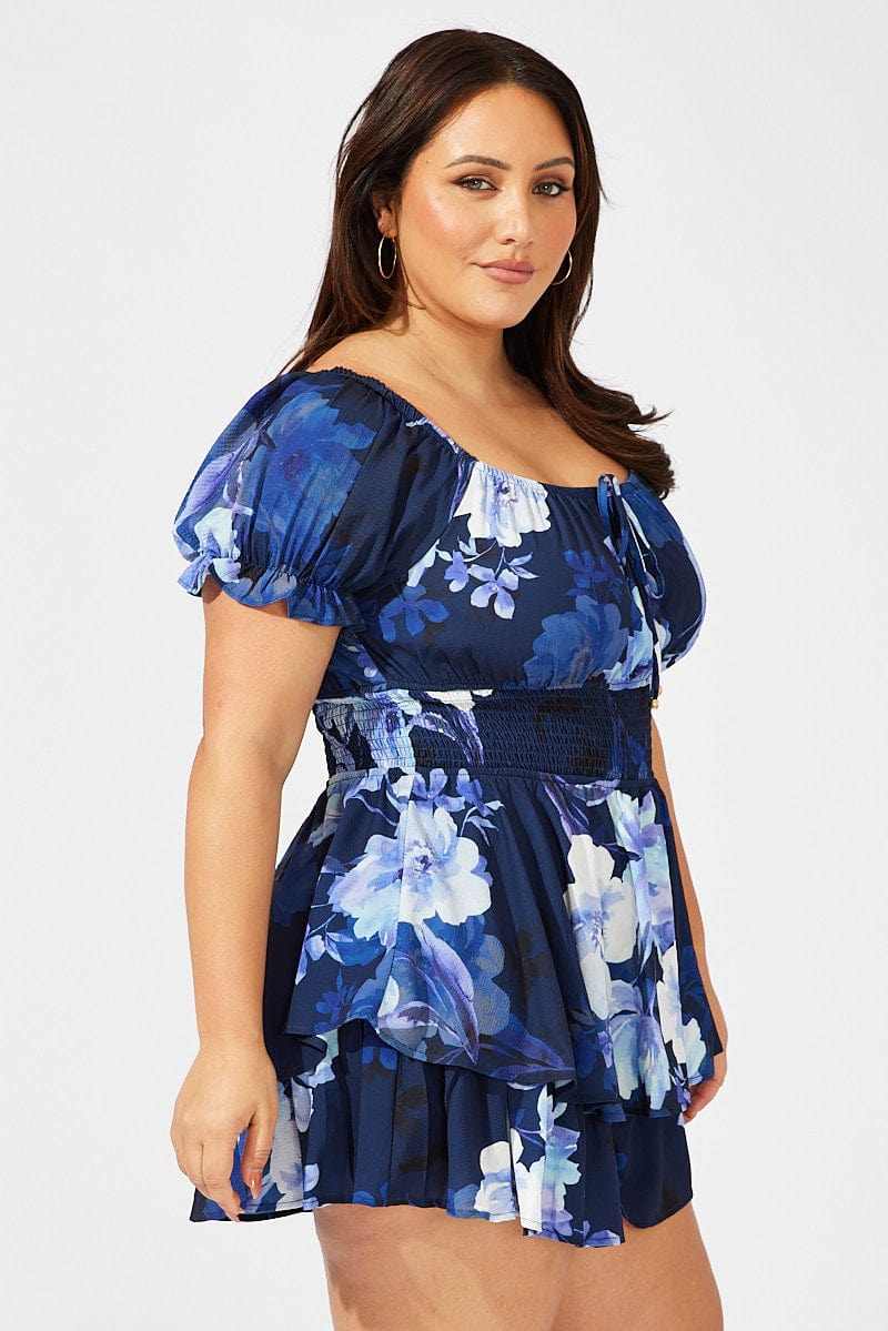 Blue Floral Floral Playsuit Short Sleeve for YouandAll Fashion