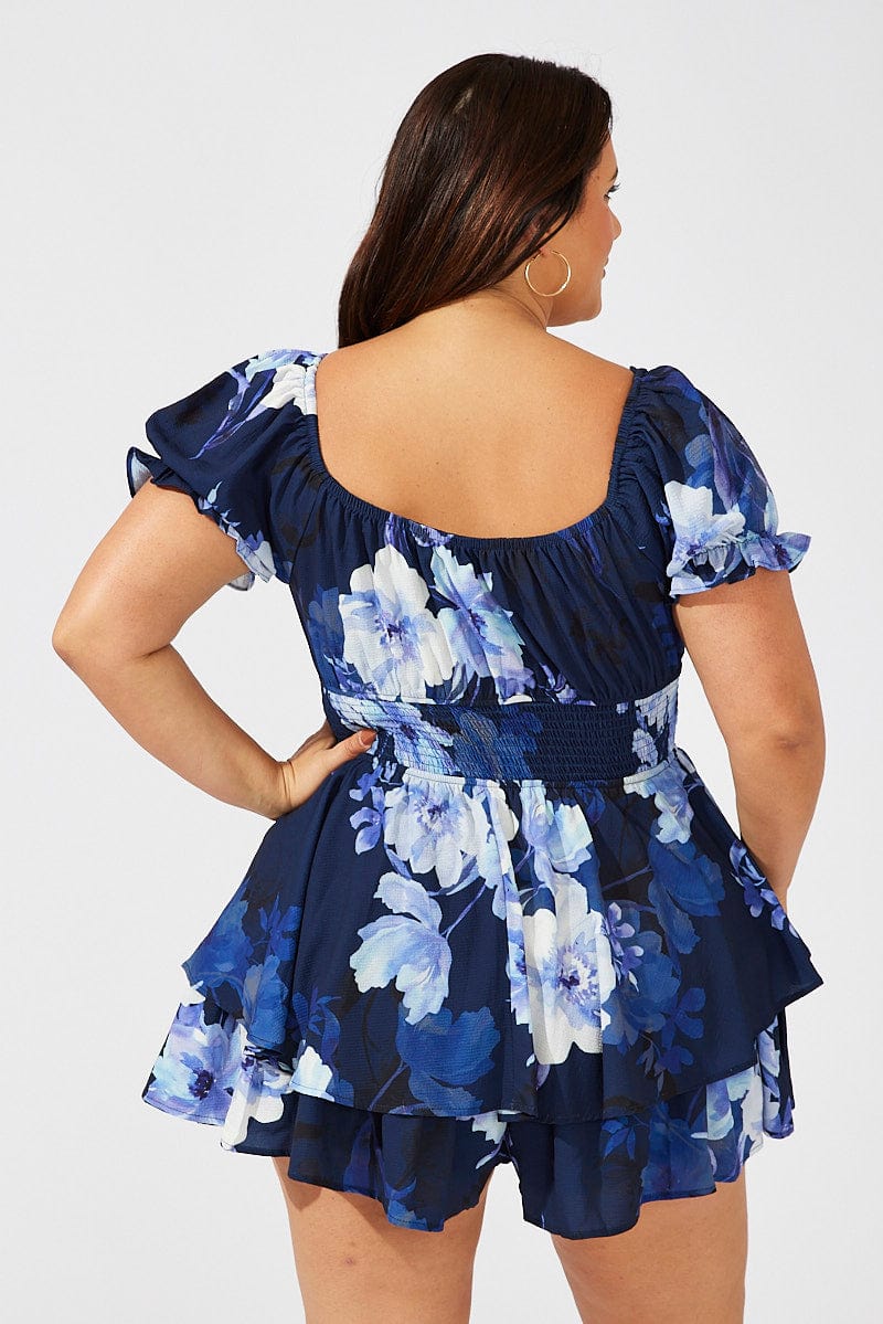 Blue Floral Floral Playsuit Short Sleeve for YouandAll Fashion