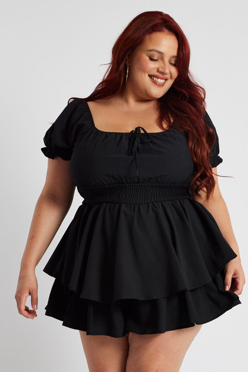 Black Ruffle Playsuit Short Sleeve Ruched Bust for YouandAll Fashion