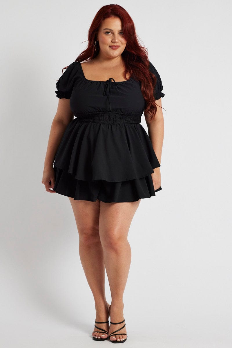 Black Ruffle Playsuit Short Sleeve Ruched Bust for YouandAll Fashion