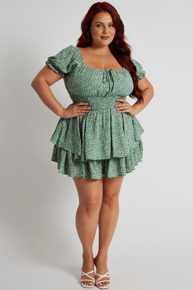 Green Ditsy Ruffle Playsuit Short Sleeve Ruched Bust for YouandAll Fashion