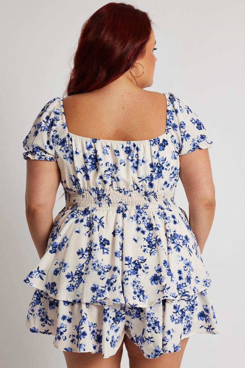 White Floral Floral Playsuit Short Sleeve Ruched Bust | You & All