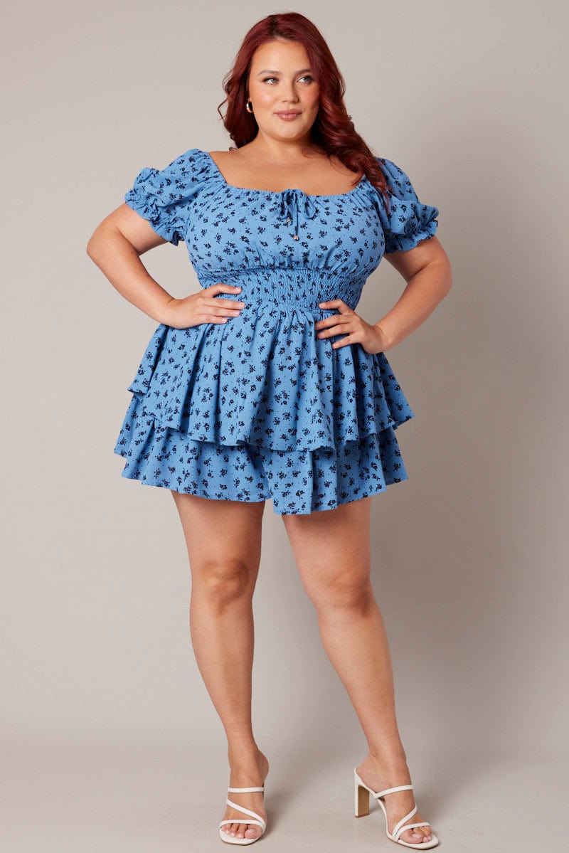 Blue Ditsy Ruffle Playsuit Short Sleeve Ruched for YouandAll Fashion