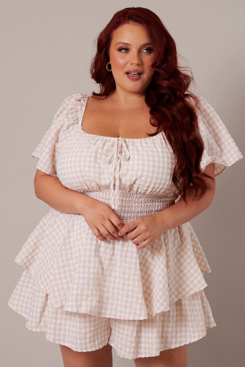 Beige Check Ruffle Playsuit Short Sleeve Ruched Bust | You & All