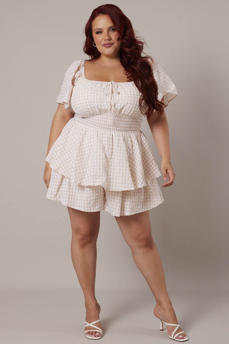 Beige Check Ruffle Playsuit Short Sleeve Ruched Bust | You & All