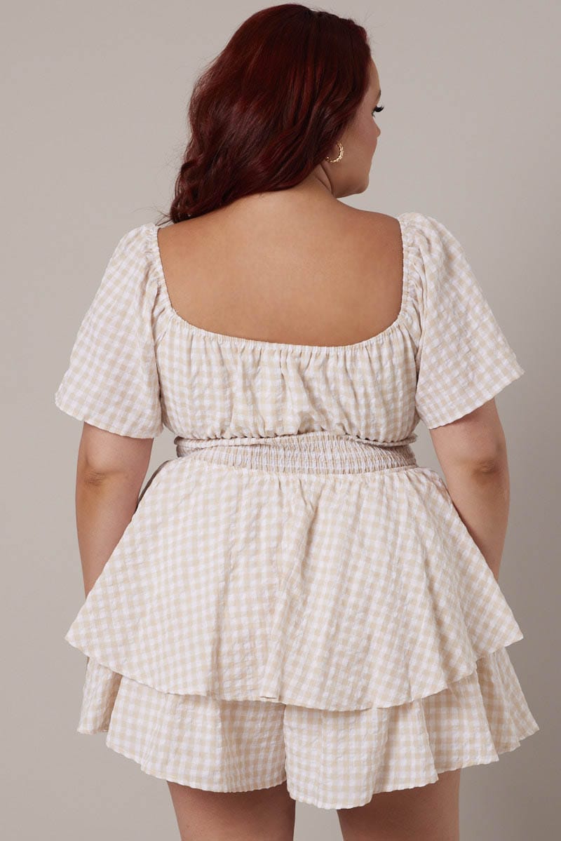 Beige Check Ruffle Playsuit Short Sleeve Ruched Bust | You & All