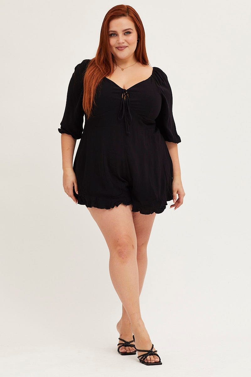 Black Playsuit Long Sleeve Tie Front For Women By You And All