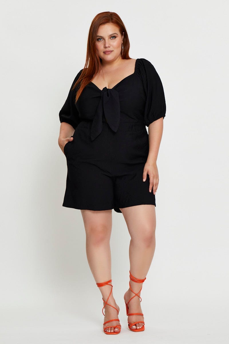 Black Playsuit Short Sleeve Tie Front For Women By You And All