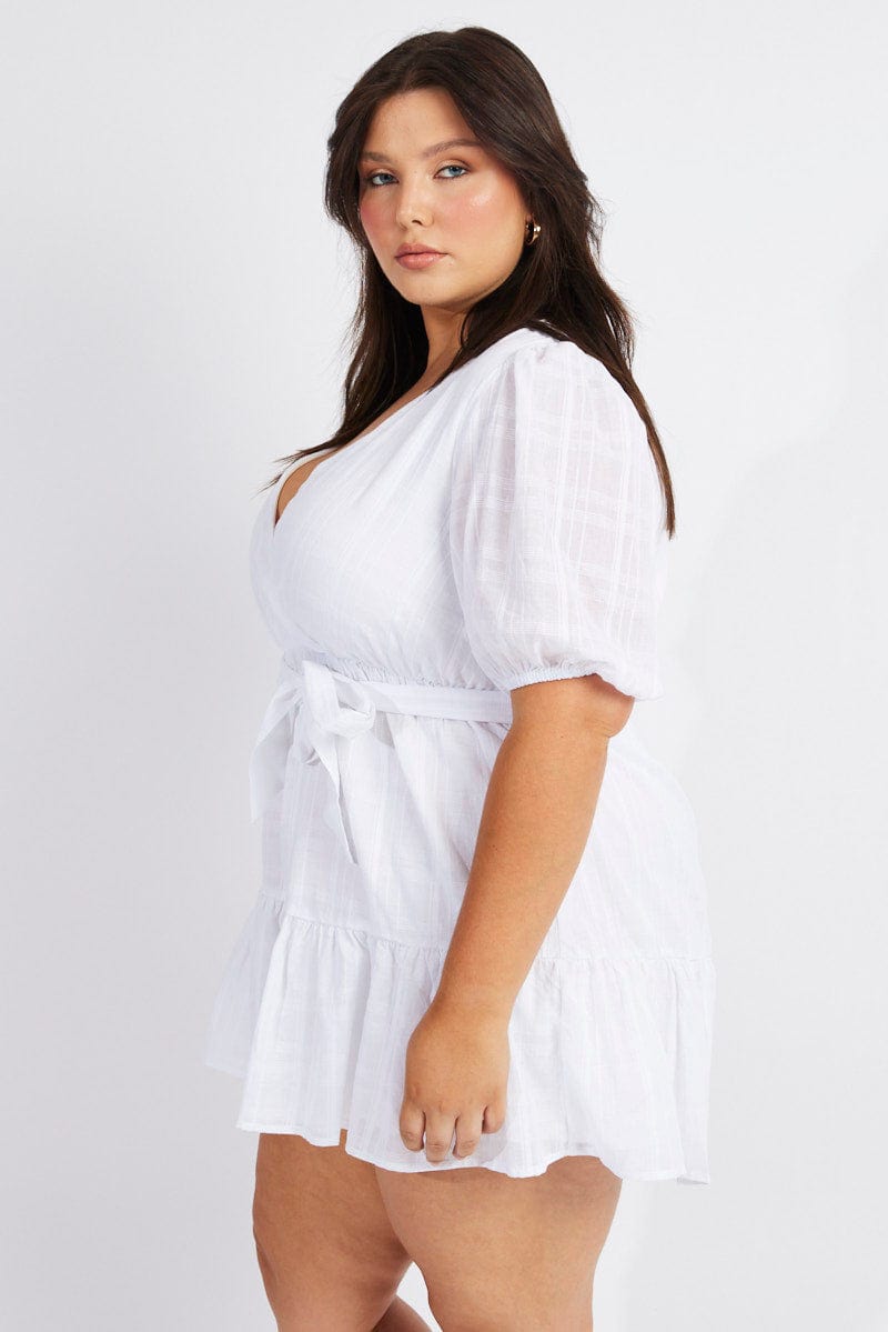 White Textured Cotton Puff Sleeve Playsuit Frill Hem for YouandAll Fashion