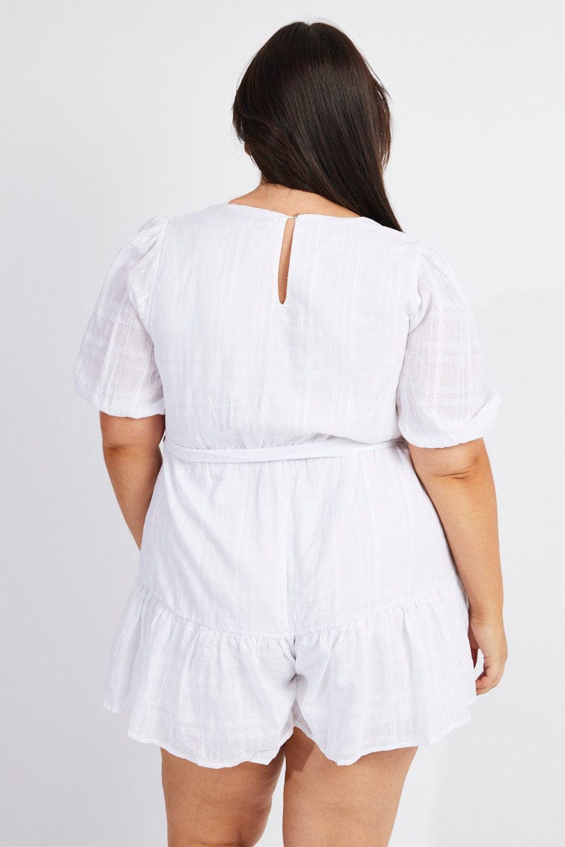 White Textured Cotton Puff Sleeve Playsuit Frill Hem for YouandAll Fashion