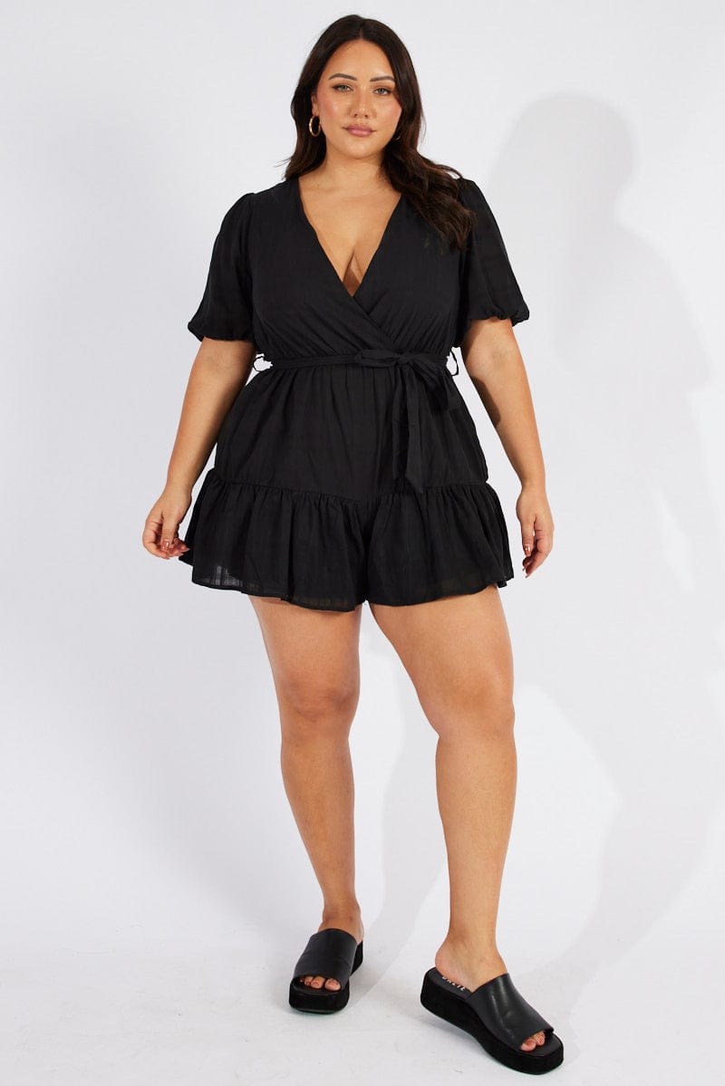 Black Textured Cotton Puff Sleeve Playsuit Frill Hem for YouandAll Fashion
