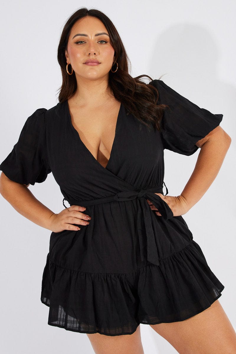 Black Textured Cotton Puff Sleeve Playsuit Frill Hem You All