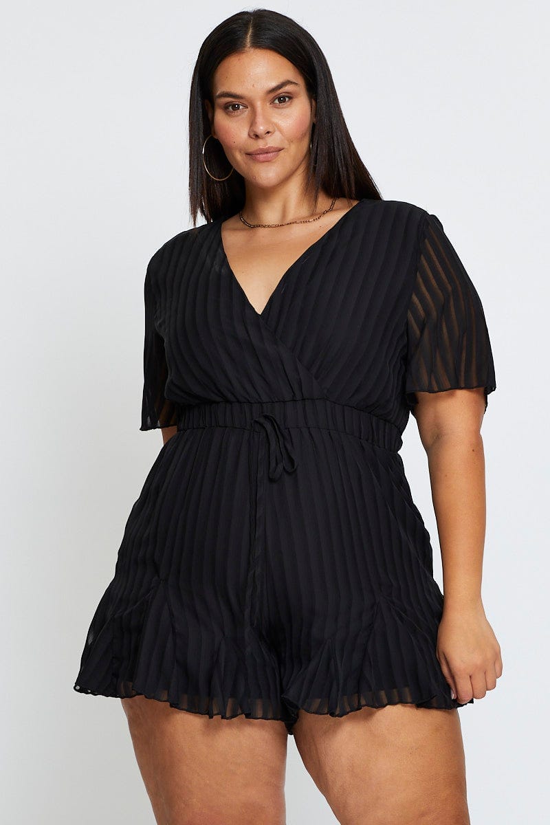 Black Playsuit V-Neck Short Sleeve Ruffle Hem For Women By You And All