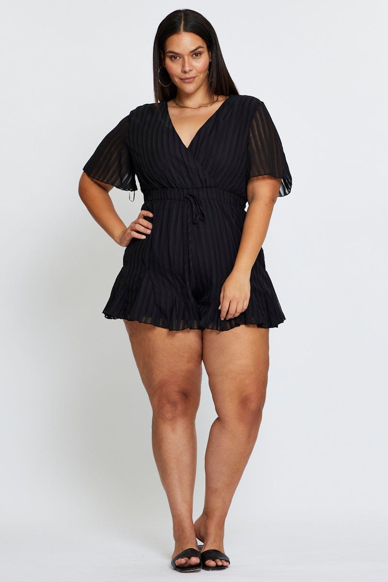 Black Playsuit V-Neck Short Sleeve Ruffle Hem For Women By You And All