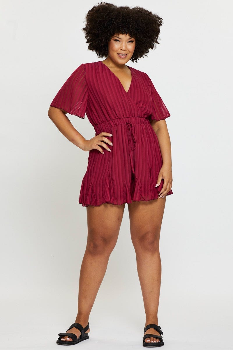 Red Playsuit V-Neck Short Sleeve Ruffle Hem  for Women by You and All