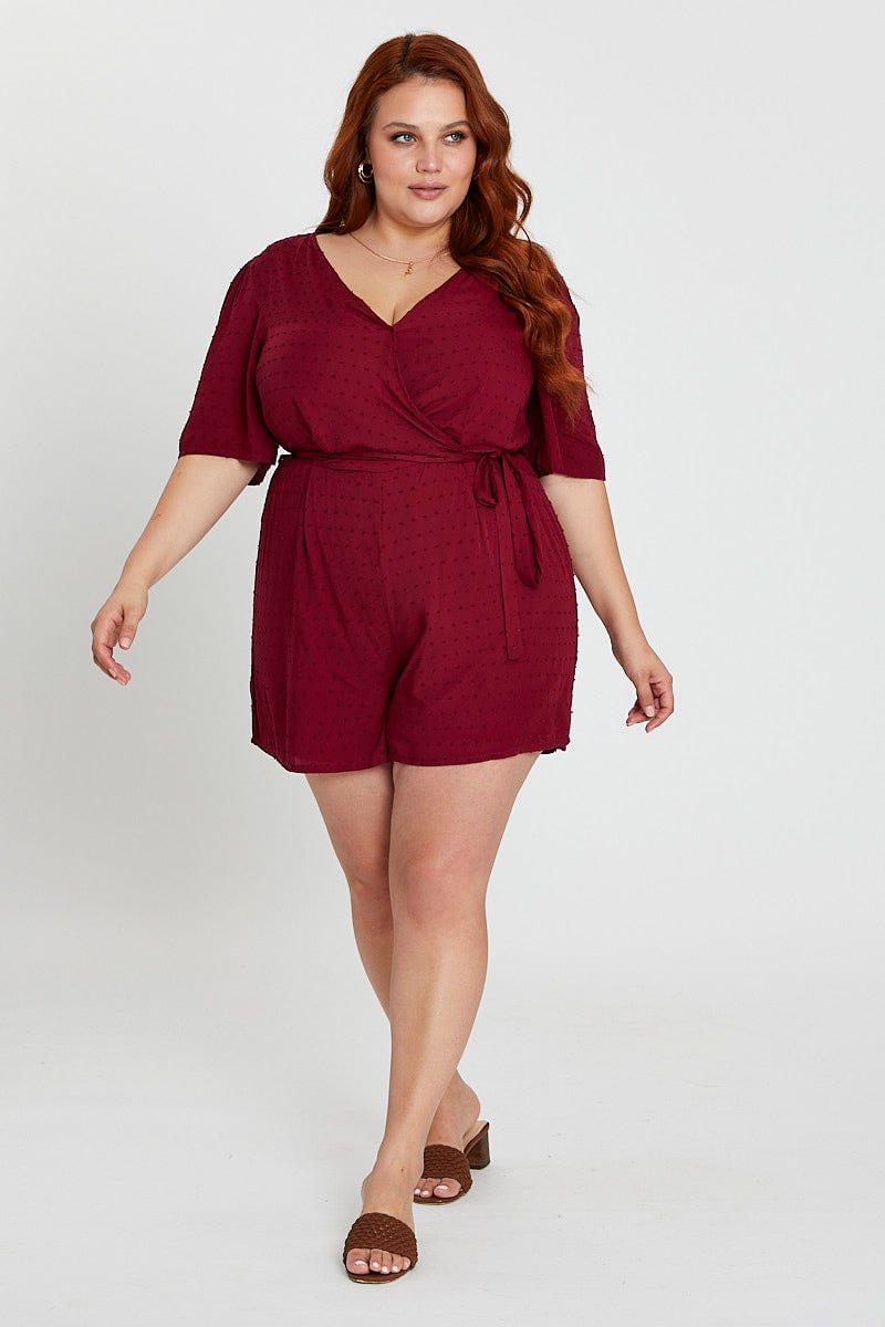 Plus Size Red Playsuit Burgundy Short Sleeve Waist Tie You All