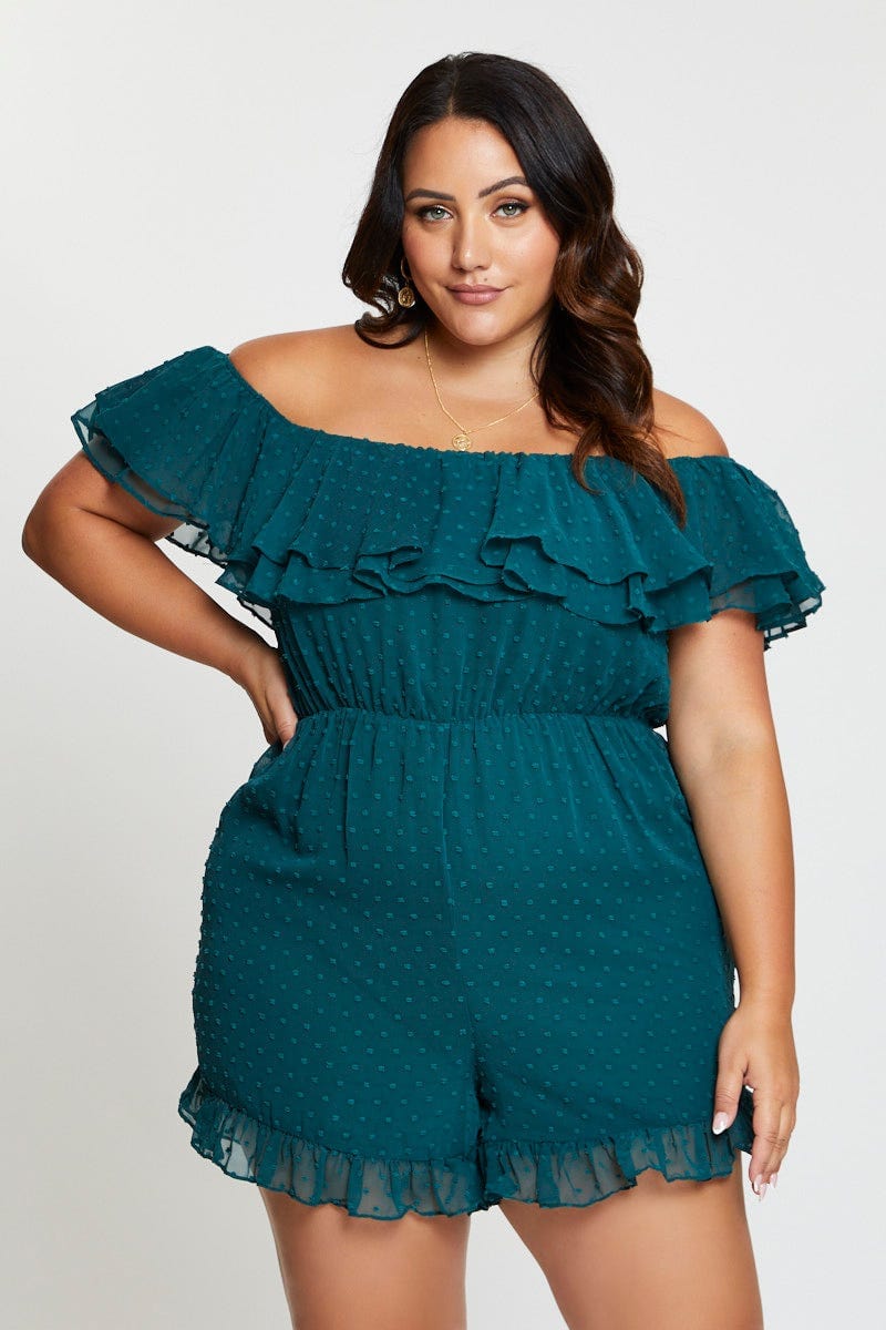 Green Ruffle Playsuit Off Shoulder For Women By You And All