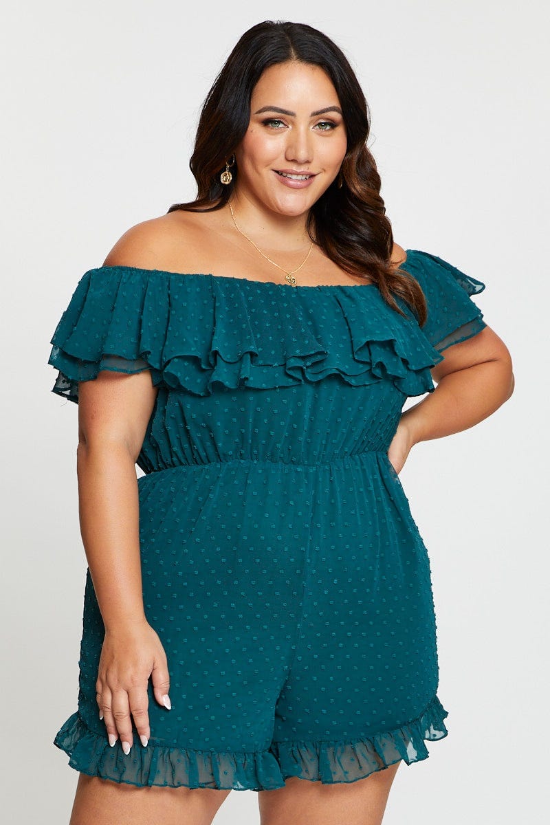 Green Ruffle Playsuit Off Shoulder For Women By You And All