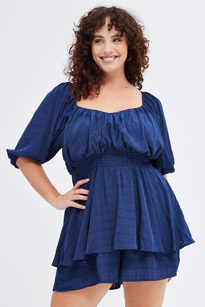 Blue Short Playsuit Textured Ruched Puff Sleeve for YouandAll Fashion