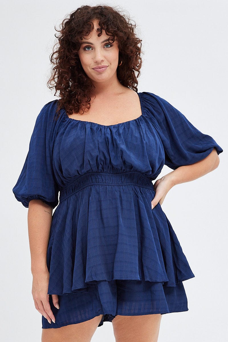 Blue Short Playsuit Textured Ruched Puff Sleeve for YouandAll Fashion