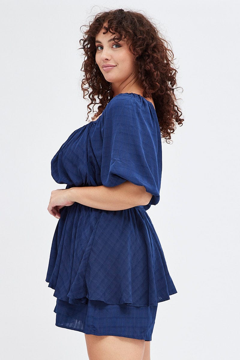 Blue Short Playsuit Textured Ruched Puff Sleeve for YouandAll Fashion